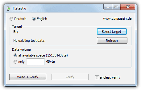 La schermata principale di H2testw con i pulsanti Select target, Write + Verify e Verify
