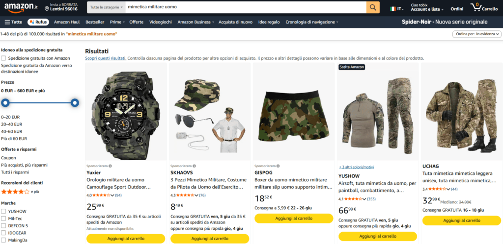 abbigliamento mimetico amazon