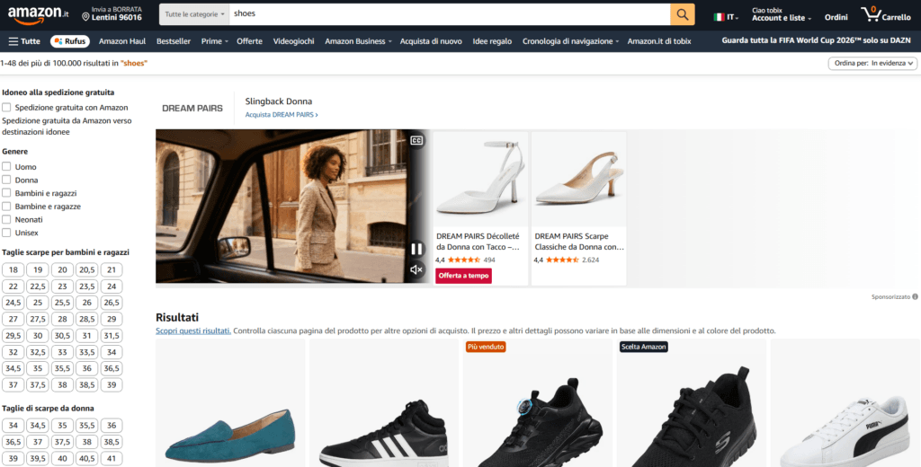 La sezione scarpe di Amazon