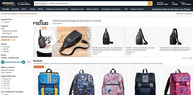 La sezione zaini per la scuola elementare su Amazon