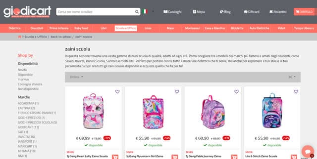 Giodicart, la sezione back to school con gli zaini per la scuola