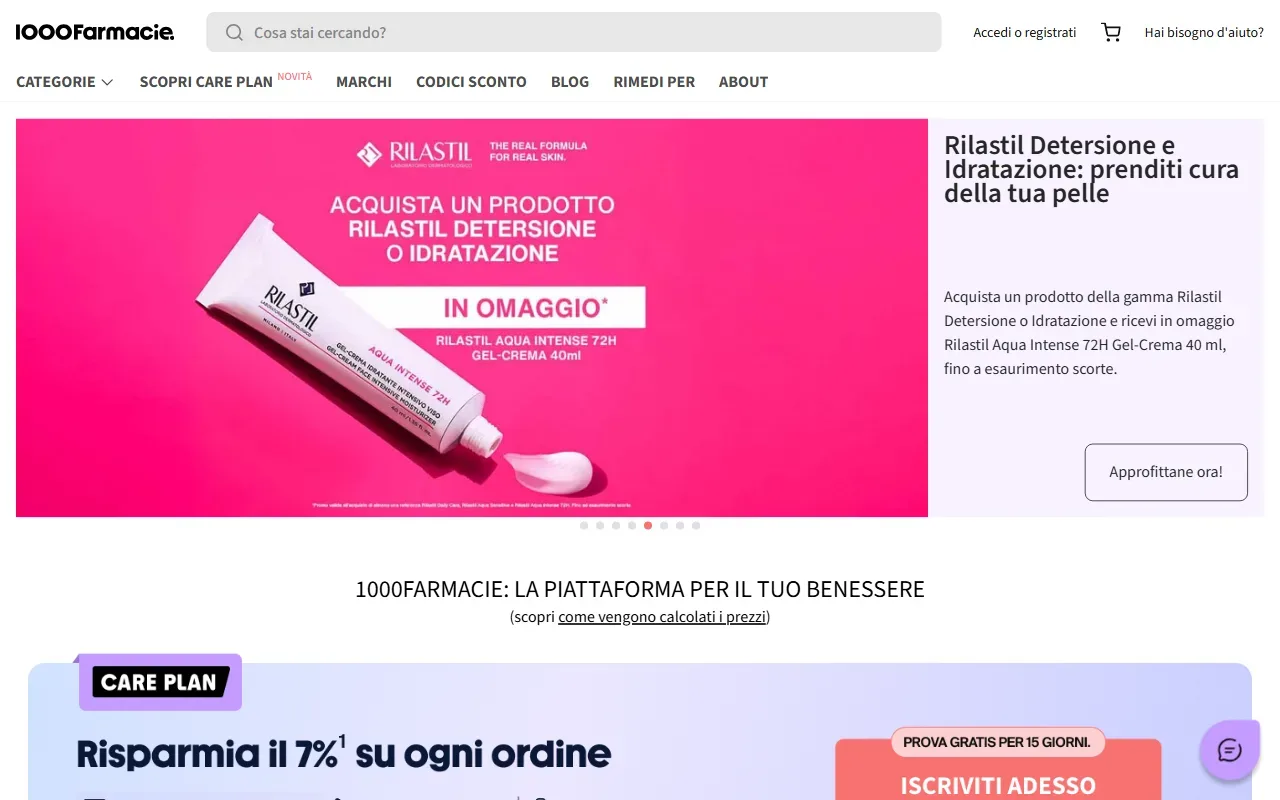 Home page della piattaforma 1000Farmacie