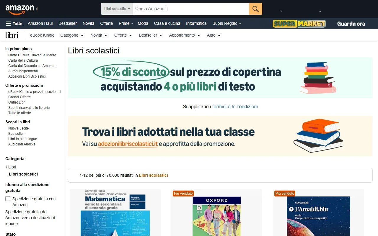 La sezione Libri scolastici di Amazon.it, con la promozione del 15% di sconto sul prezzo di copertina acquistando quattro o piu libri di testo