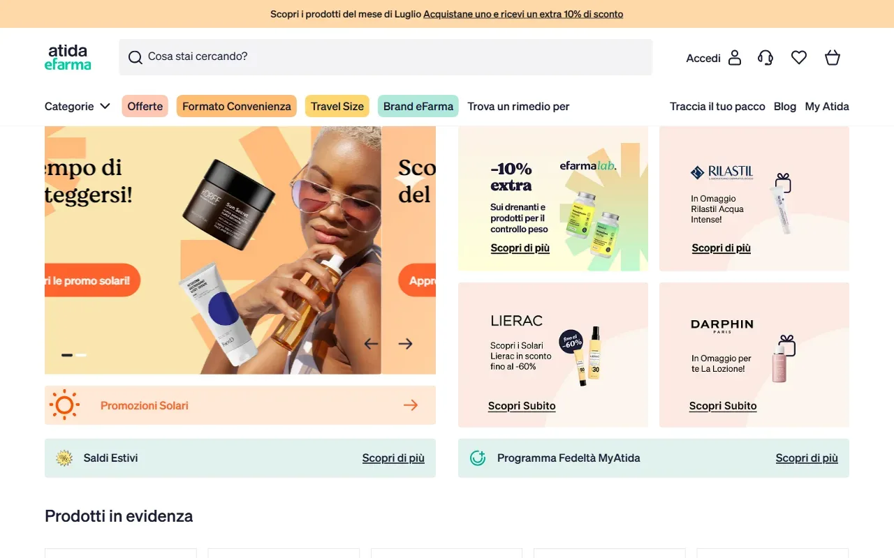 Home page della farmacia online Atida eFarma
