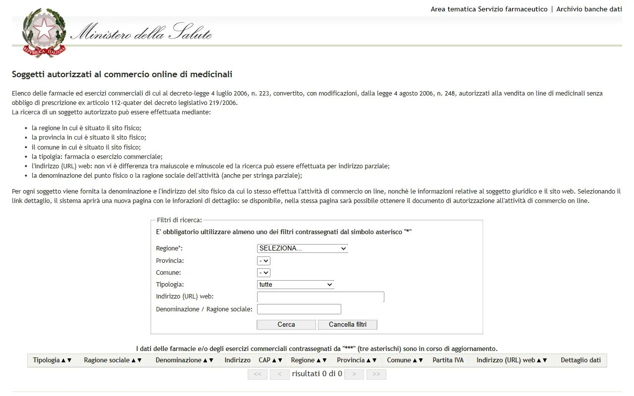 Motore di ricerca del Ministero della Salute per verificare i siti autorizzati alla vendita online di medicinali