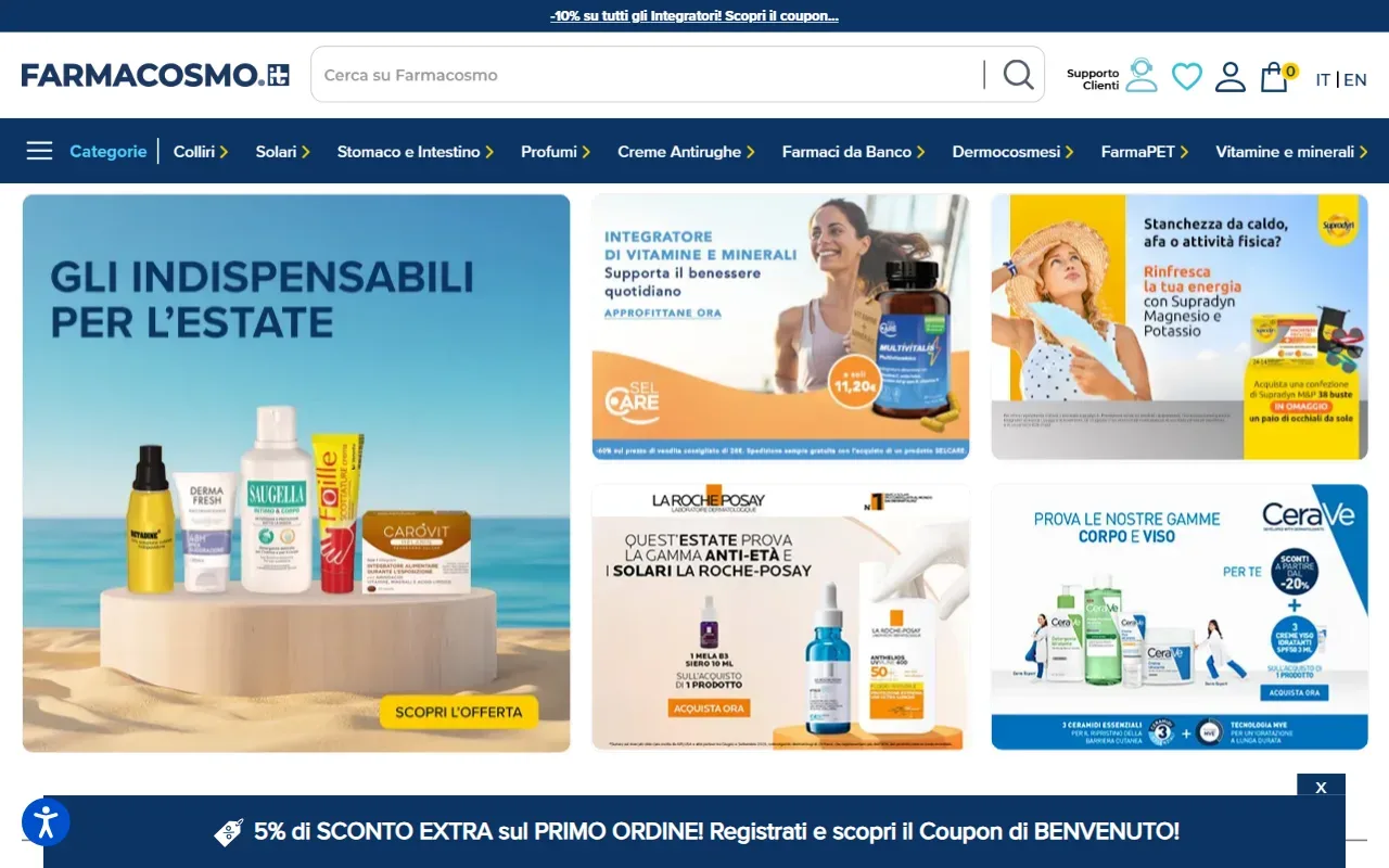 Home page della farmacia online Farmacosmo con le categorie di prodotto