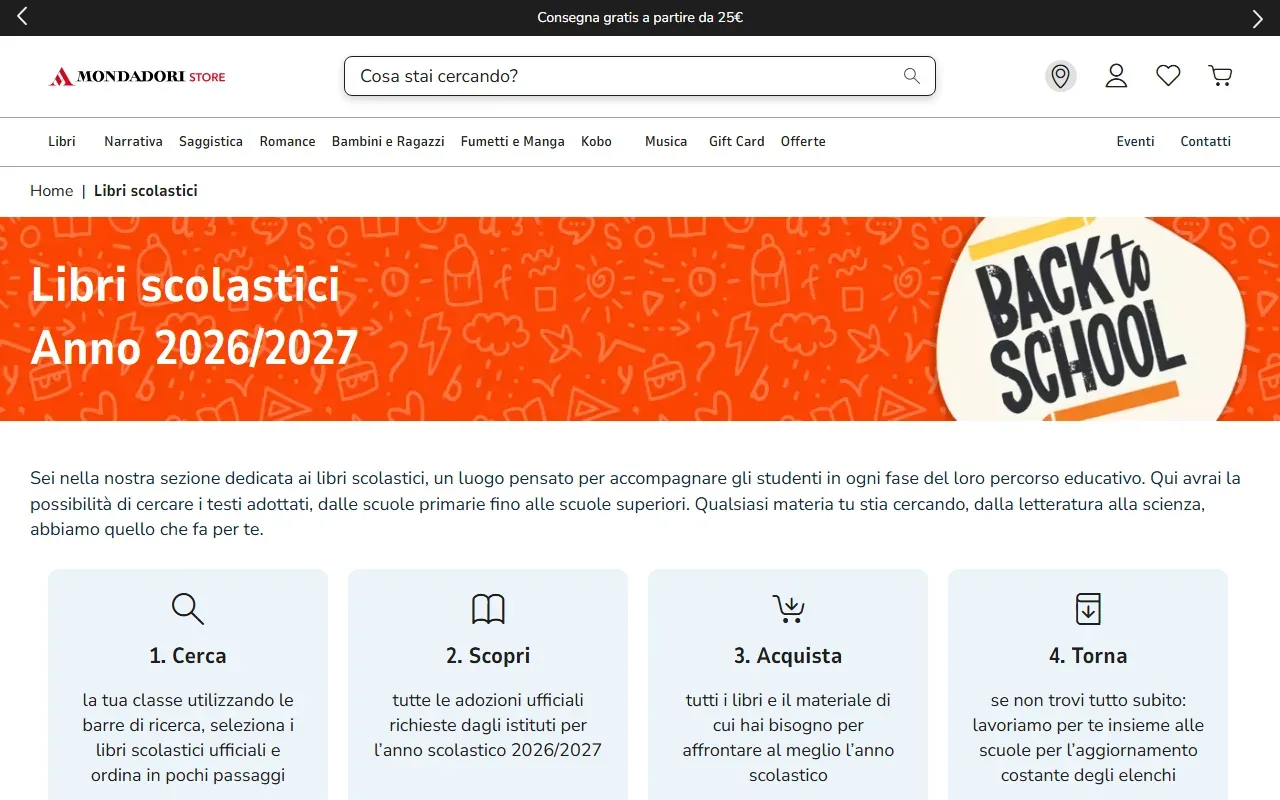 La sezione libri scolastici 2026/2027 di Mondadori Store, con la ricerca delle adozioni per scuola e classe