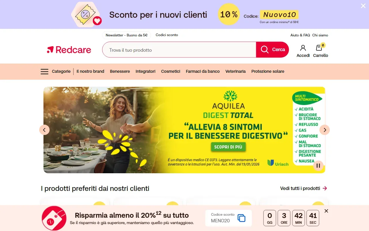 Home page della farmacia online Redcare con le categorie farmaci da banco e integratori