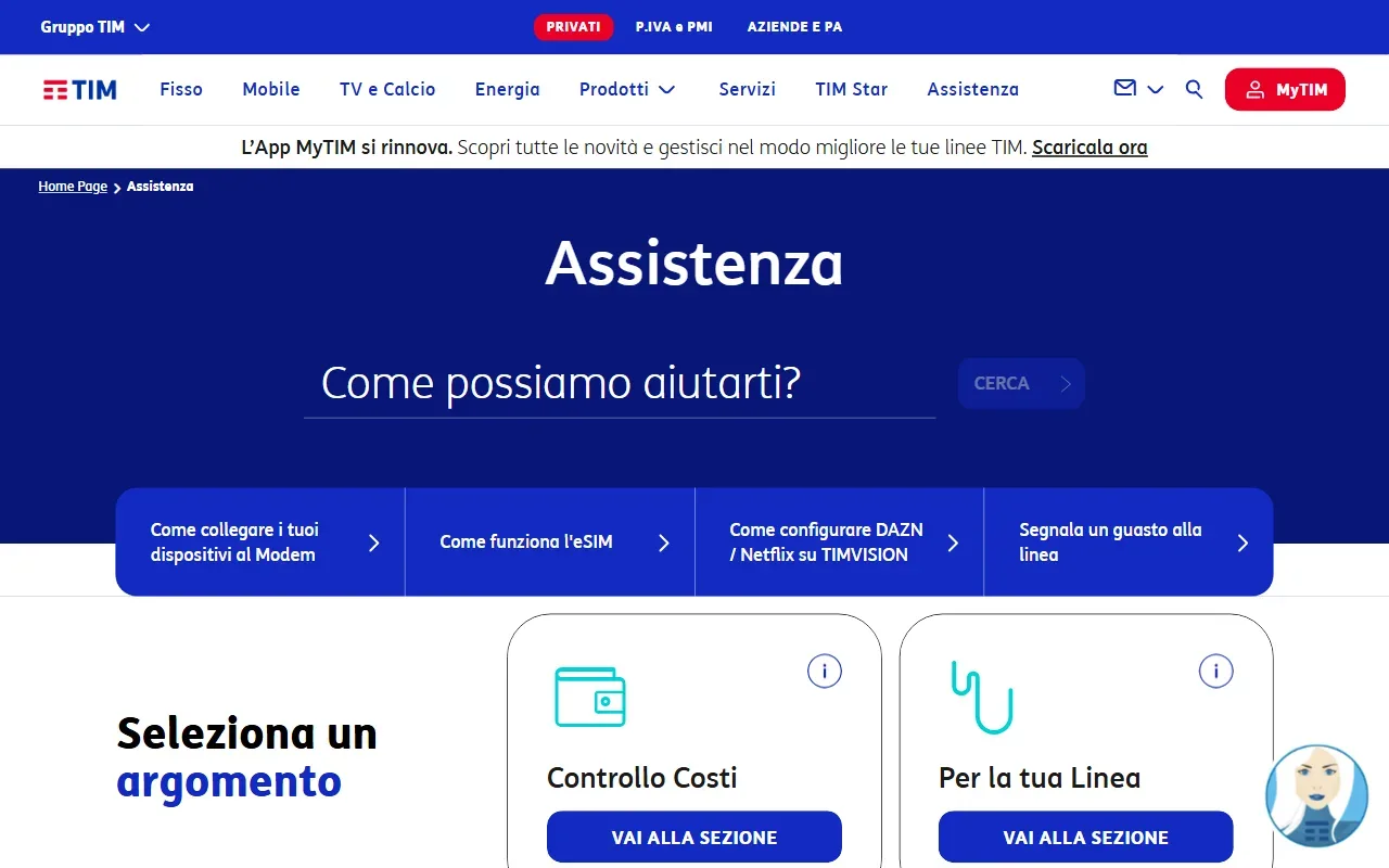 Pagina di assistenza clienti del sito ufficiale TIM