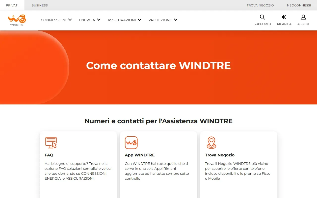 Pagina ufficiale dei contatti del servizio clienti WindTre con numeri e orari