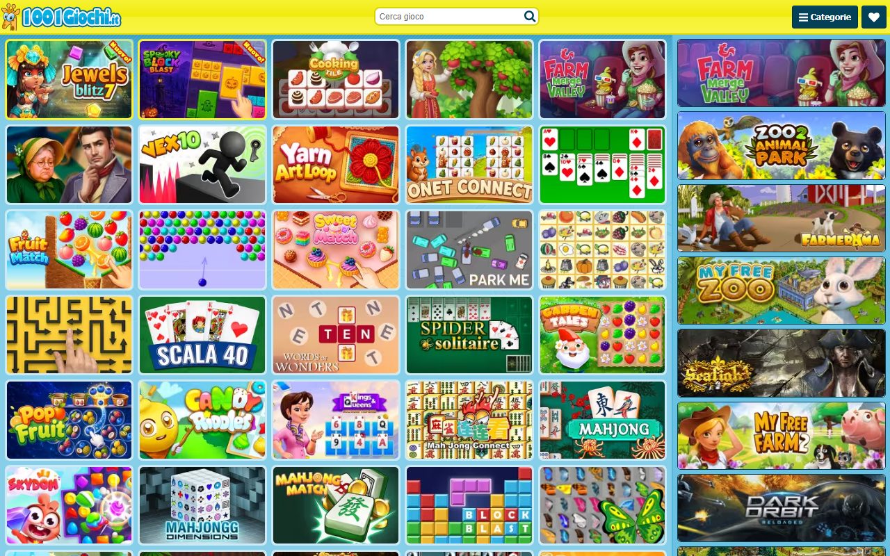 La home di 1001Giochi, giochi online per tutta la famiglia