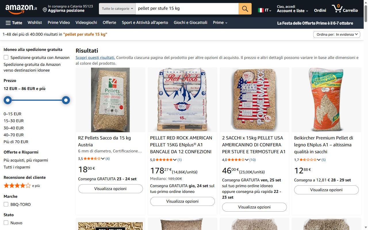 I risultati di Amazon per pellet per stufe 15 kg con sacchi singoli, lotti da 12 e bancali