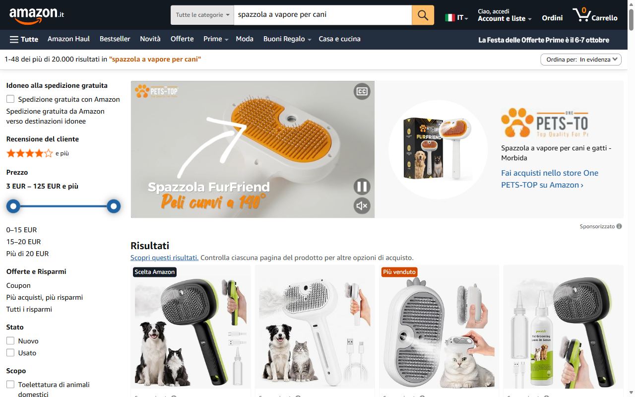 I risultati di Amazon per spazzola a vapore per cani, con il più venduto in evidenza