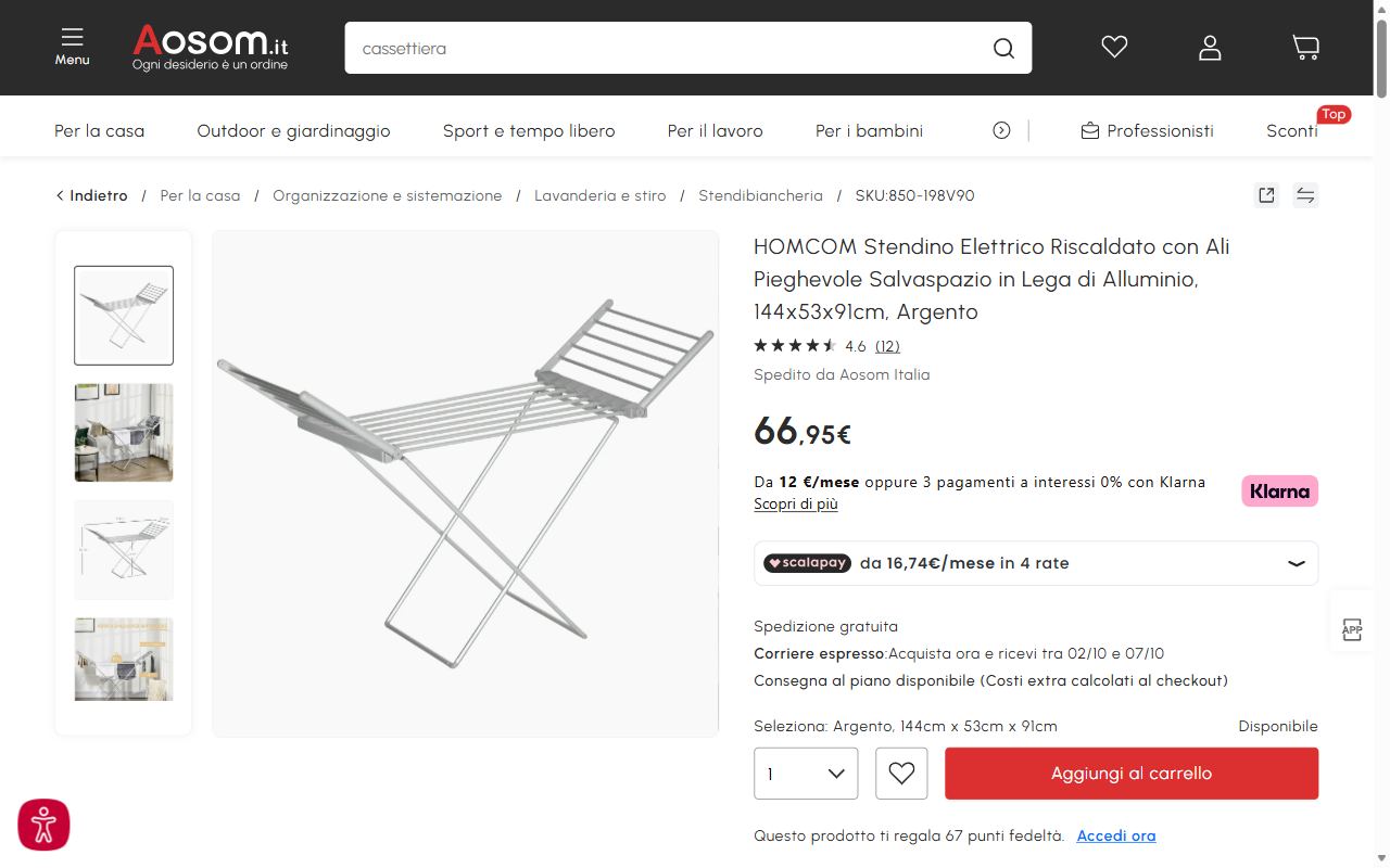 La scheda dello stendino elettrico HOMCOM su AOSOM a 66,95 euro