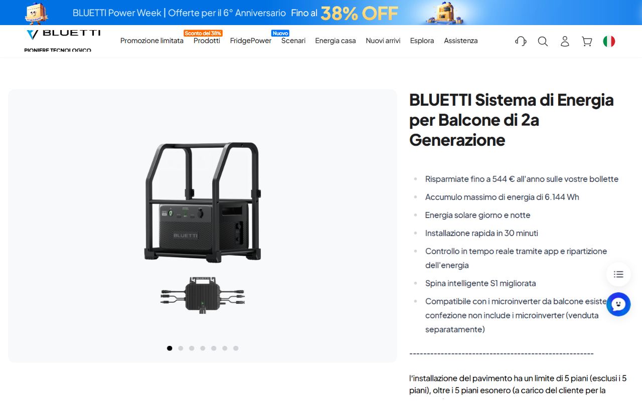 La scheda del sistema di energia per balcone di seconda generazione sul negozio italiano di Bluetti, con lo sconto sul listino
