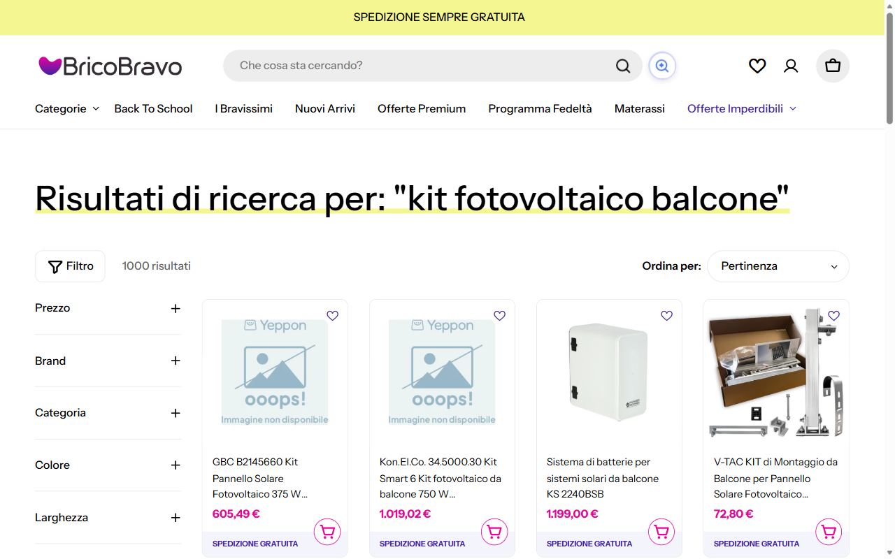 I risultati della ricerca kit fotovoltaico balcone su BricoBravo con i kit Kon.El.Co. e il pagamento in rate con Klarna