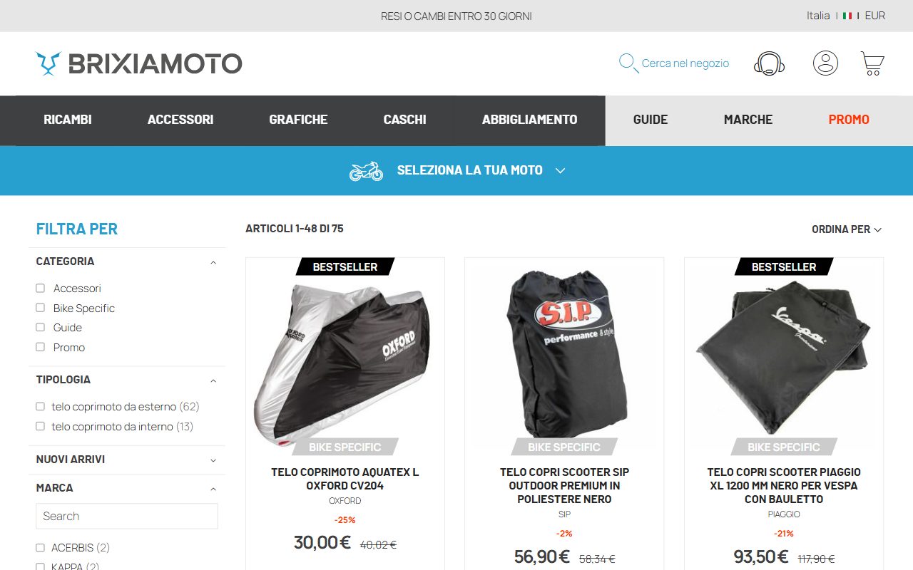 Catalogo teli coprimoto su Brixiamoto