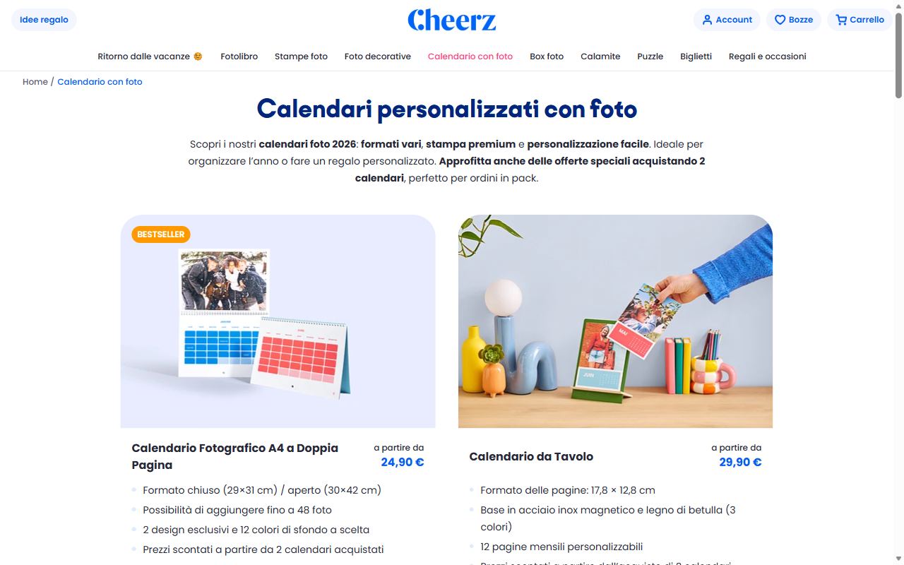 La pagina dei calendari con foto di Cheerz