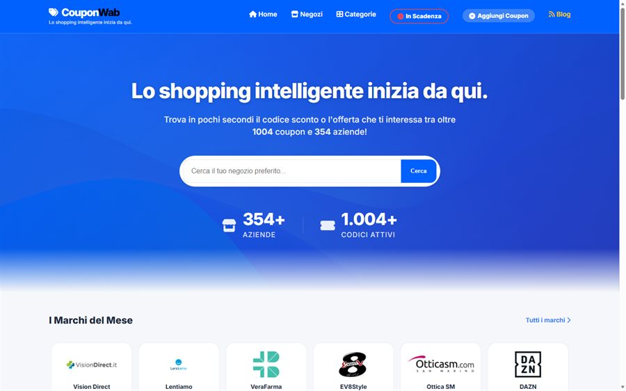 La home di CouponWab a settembre 2026, con il numero di coupon e aziende attive