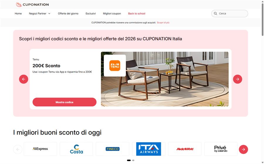 La home di CupoNation Italia a settembre 2026, con i buoni sconto del giorno