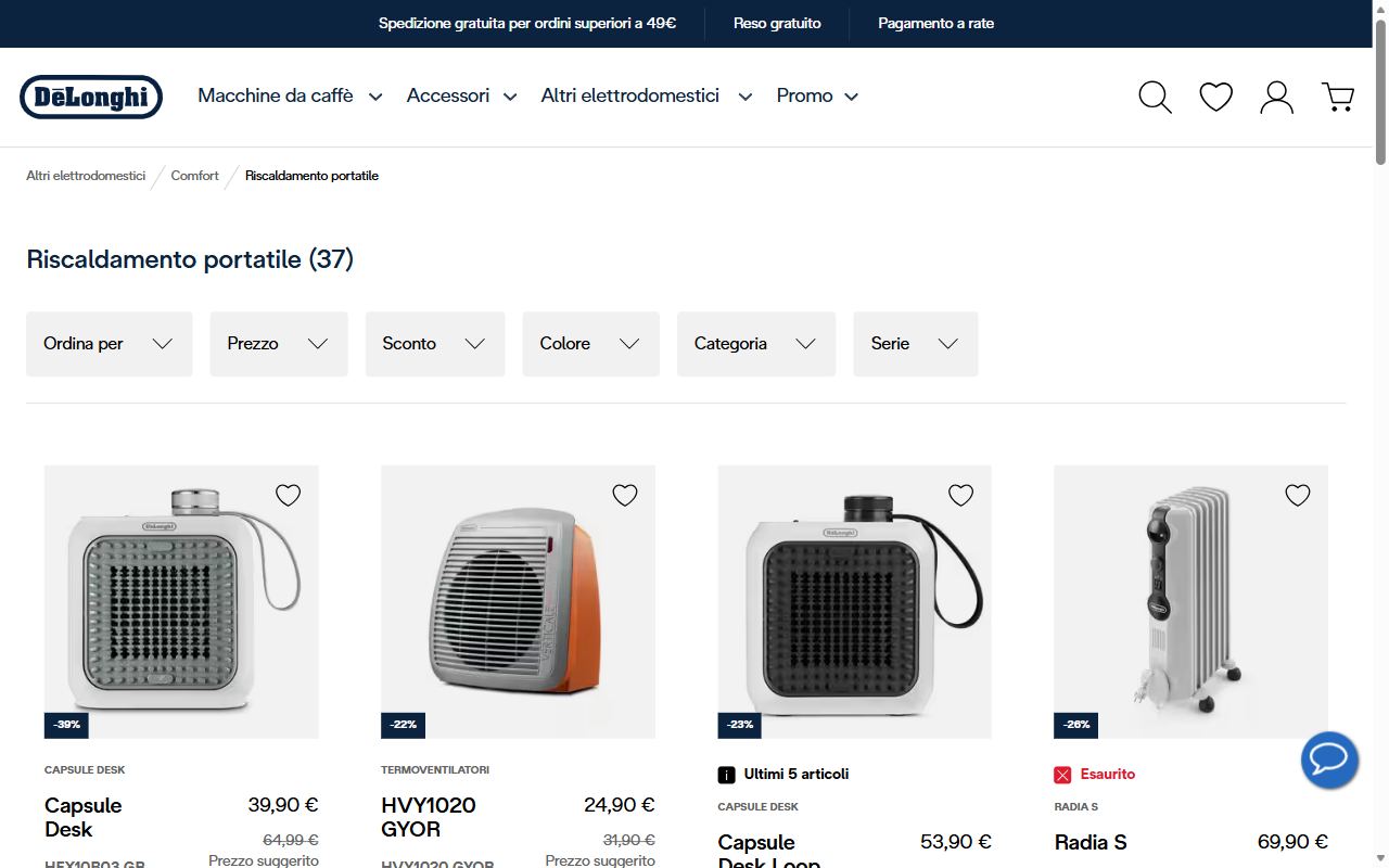 La sezione riscaldamento portatile del negozio ufficiale De'Longhi con termoventilatori e convettori