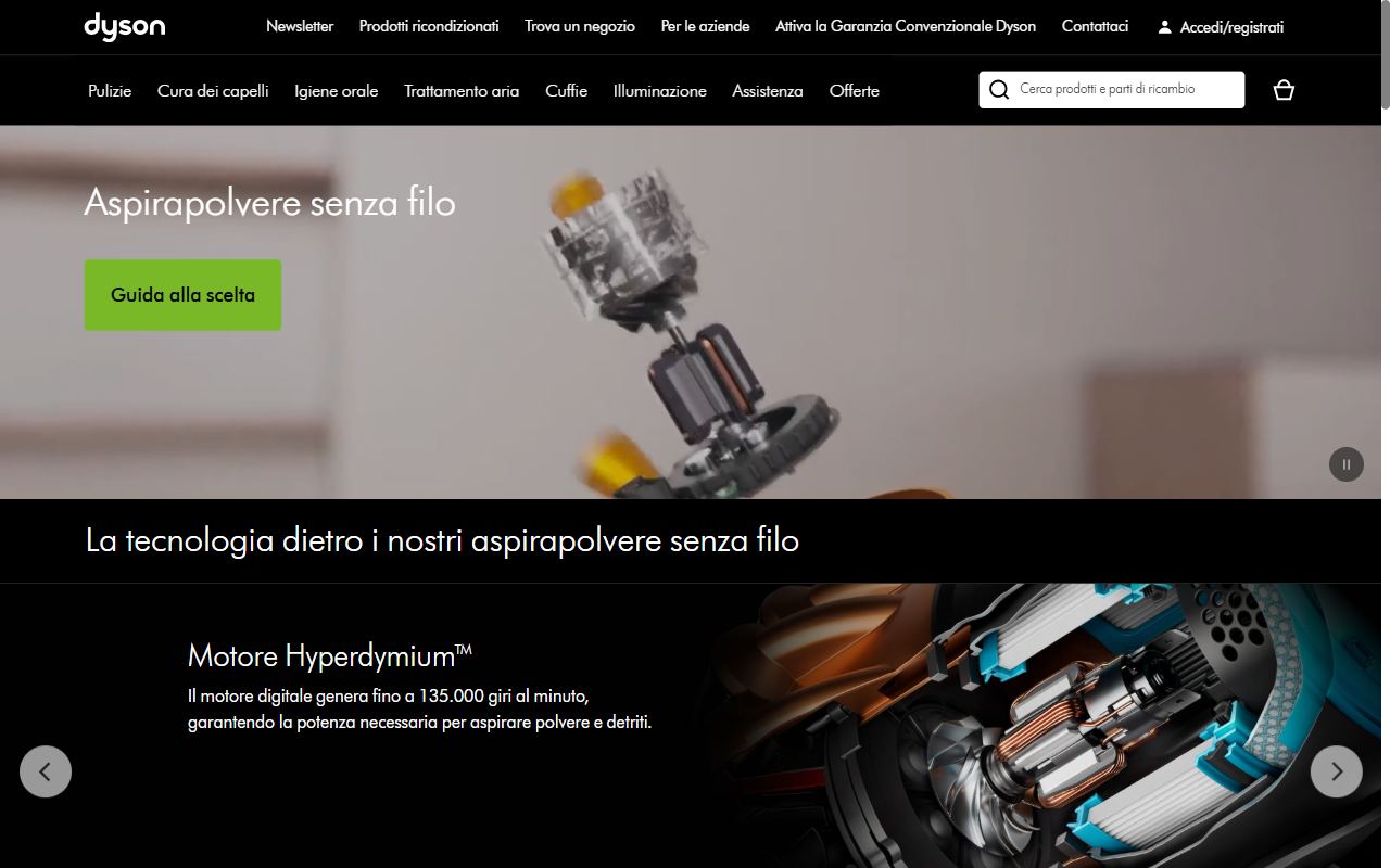 La pagina degli aspirapolvere senza filo Dyson con i modelli V15, V12 e Gen5 in offerta