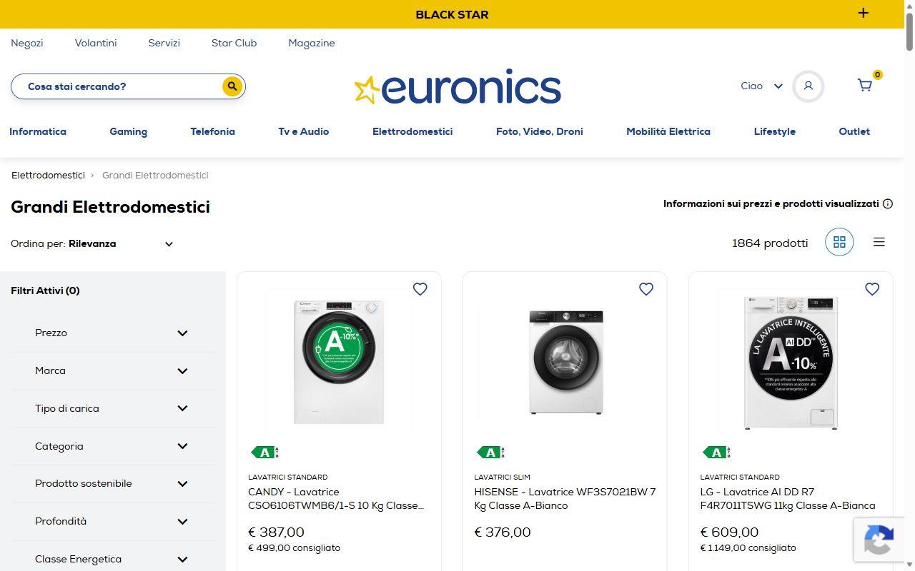 La categoria grandi elettrodomestici di Euronics con il filtro per classe energetica