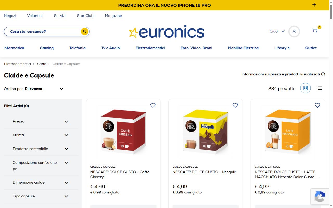 La sezione cialde e capsule di Euronics con i filtri per sistema e dimensione