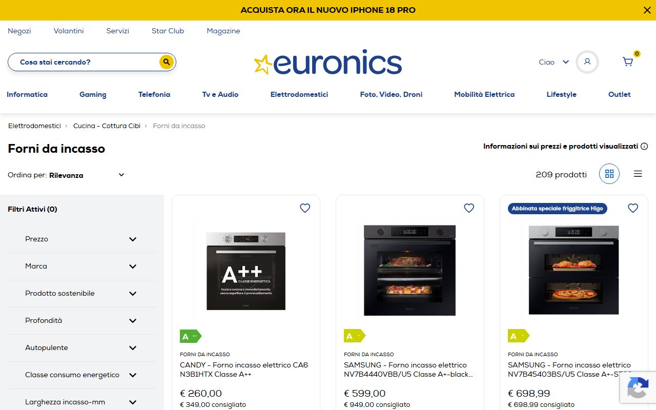 La categoria forni da incasso di Euronics con i prodotti in offerta