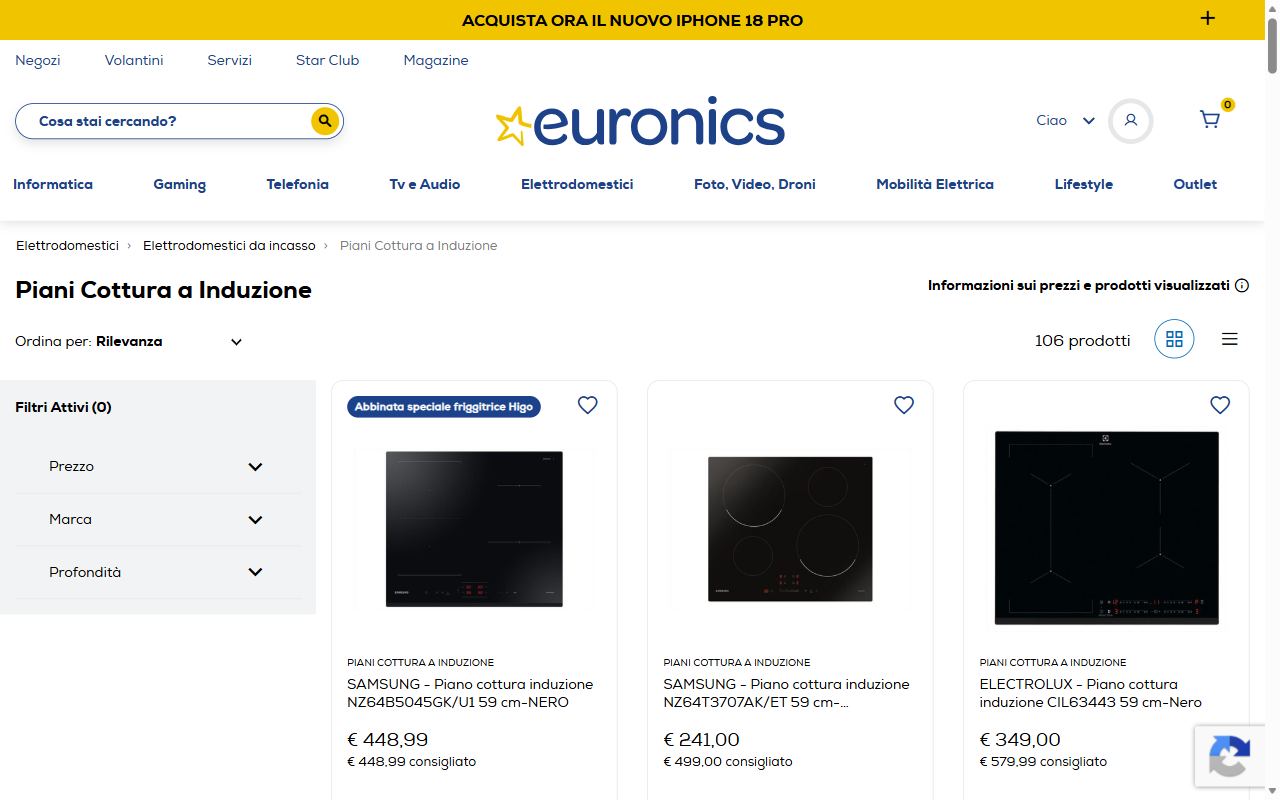 La categoria piani cottura a induzione di Euronics con 106 prodotti