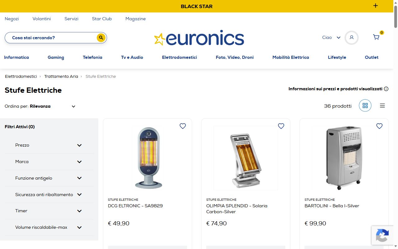 La categoria stufe elettriche di Euronics con i filtri per antigelo, antiribaltamento e timer