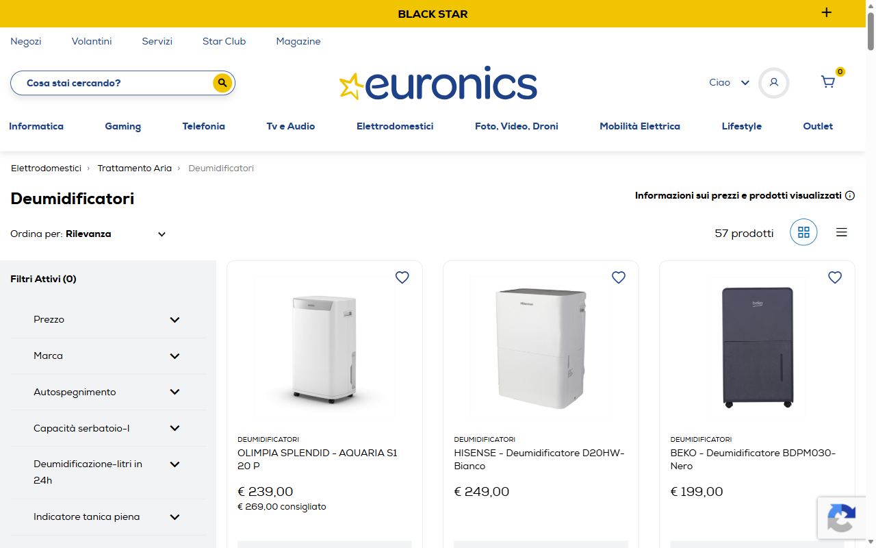 La categoria deumidificatori di Euronics con le offerte e i filtri per marca