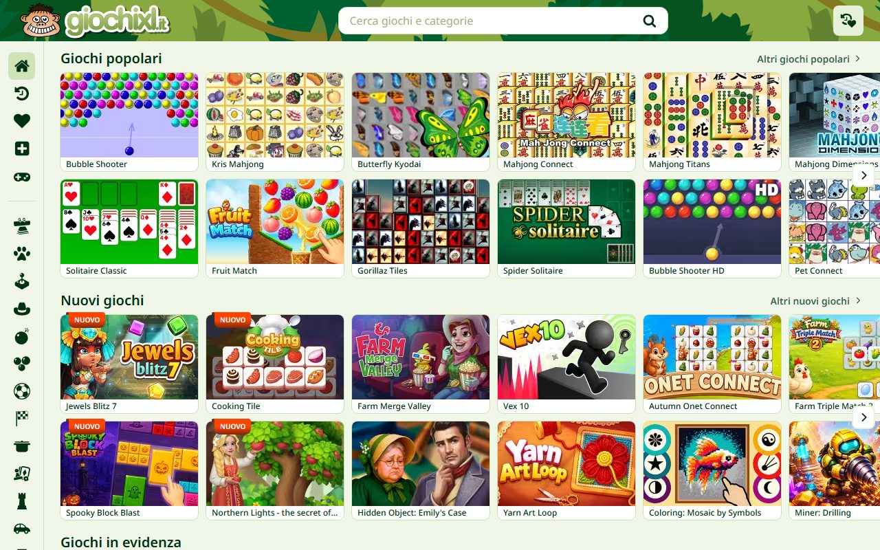 La home di GiochiXL, portale di giochi gratuiti