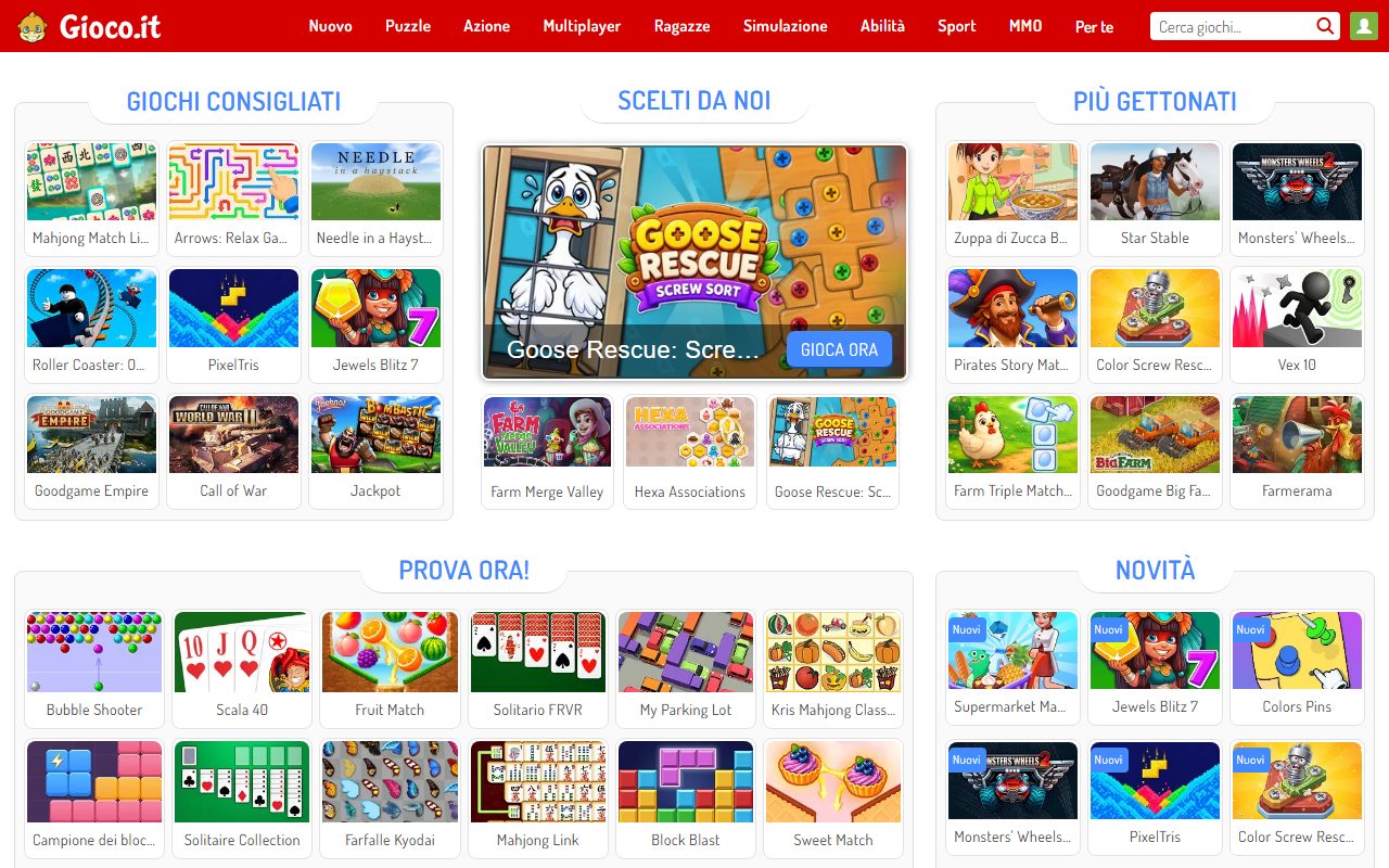 La home di Gioco.it, giochi gratis online in italiano