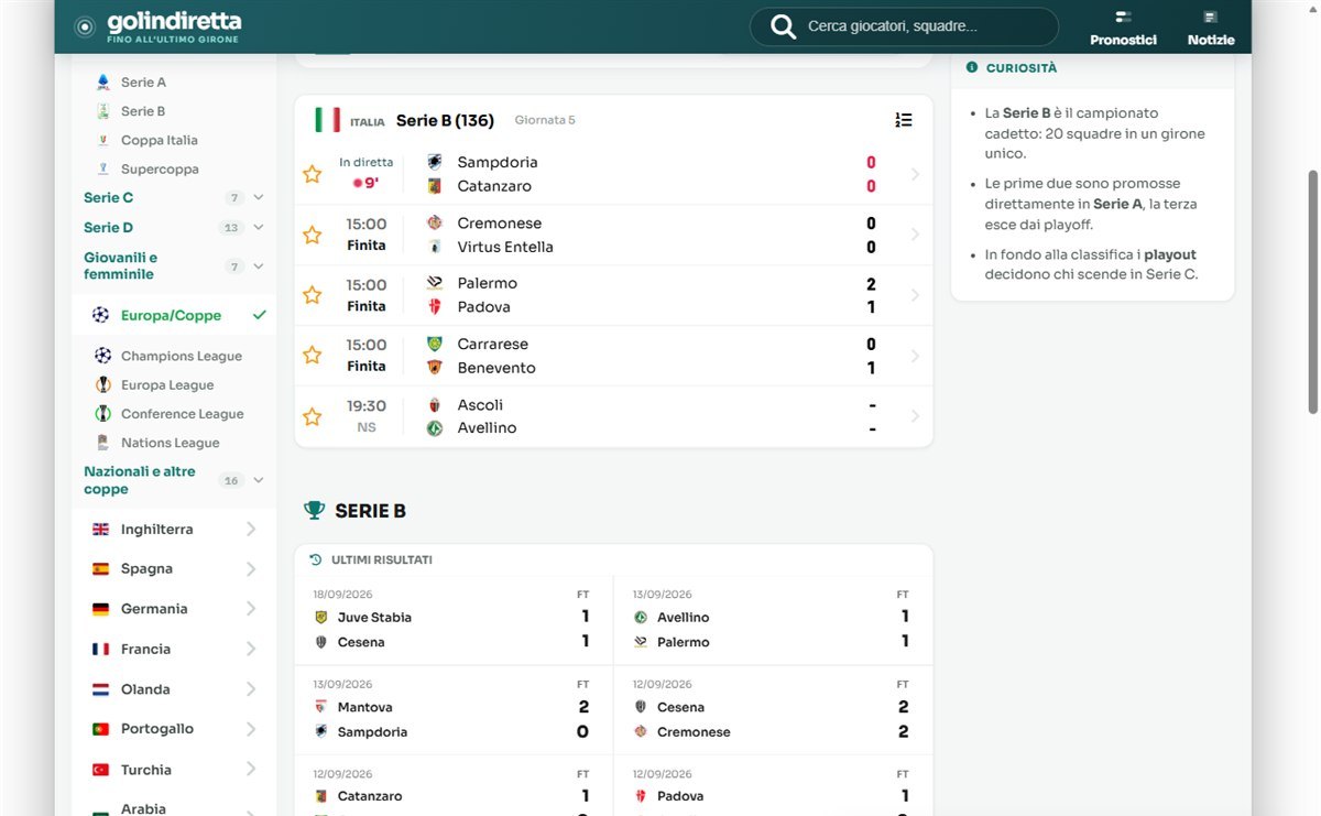 La pagina Serie B di golindiretta.it con i risultati in tempo reale