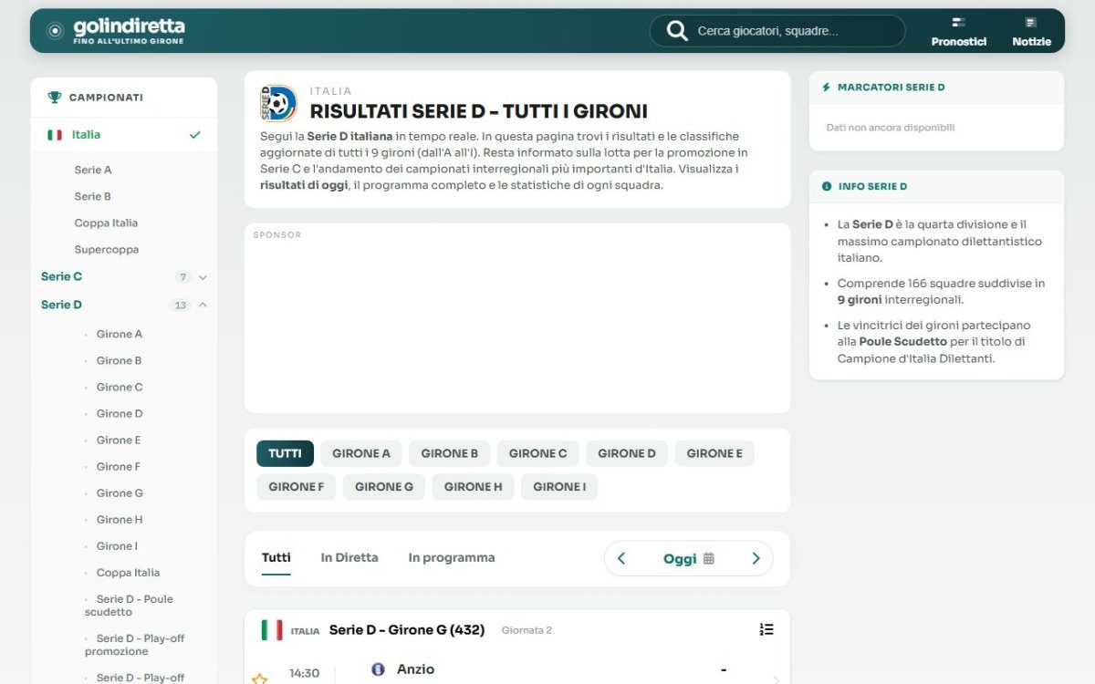 La pagina Serie D di golindiretta.it con i risultati dei nove gironi