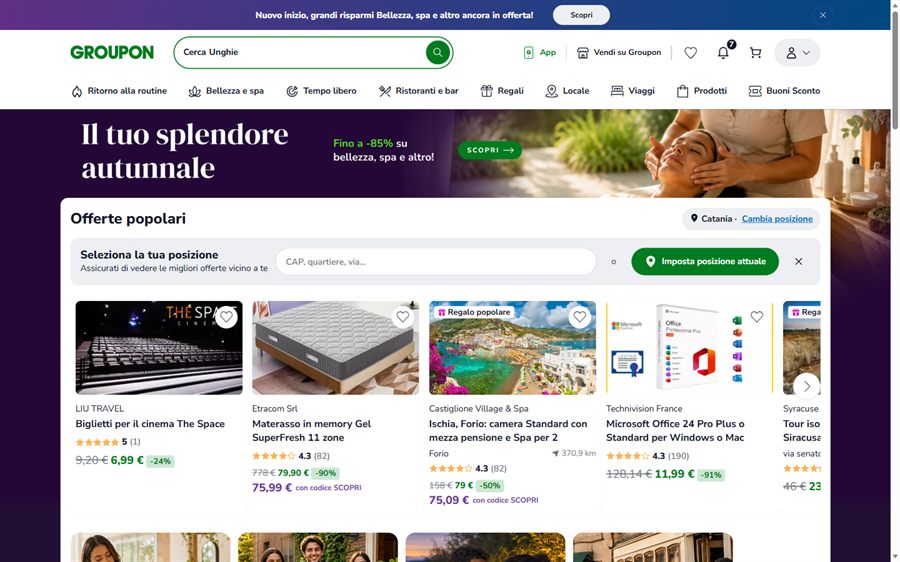 La home di Groupon Italia a settembre 2026, con le offerte popolari geolocalizzate