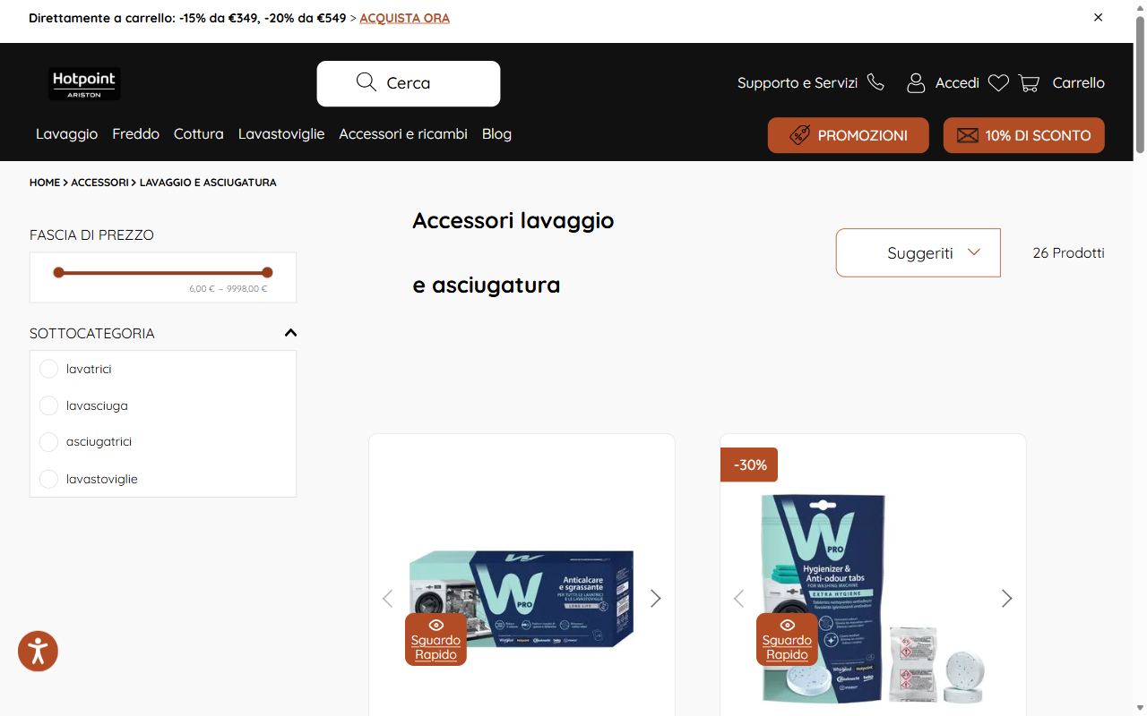 Gli accessori lavaggio e asciugatura sullo shop Hotpoint, con le bustine anticalcare e le tavolette WPRO