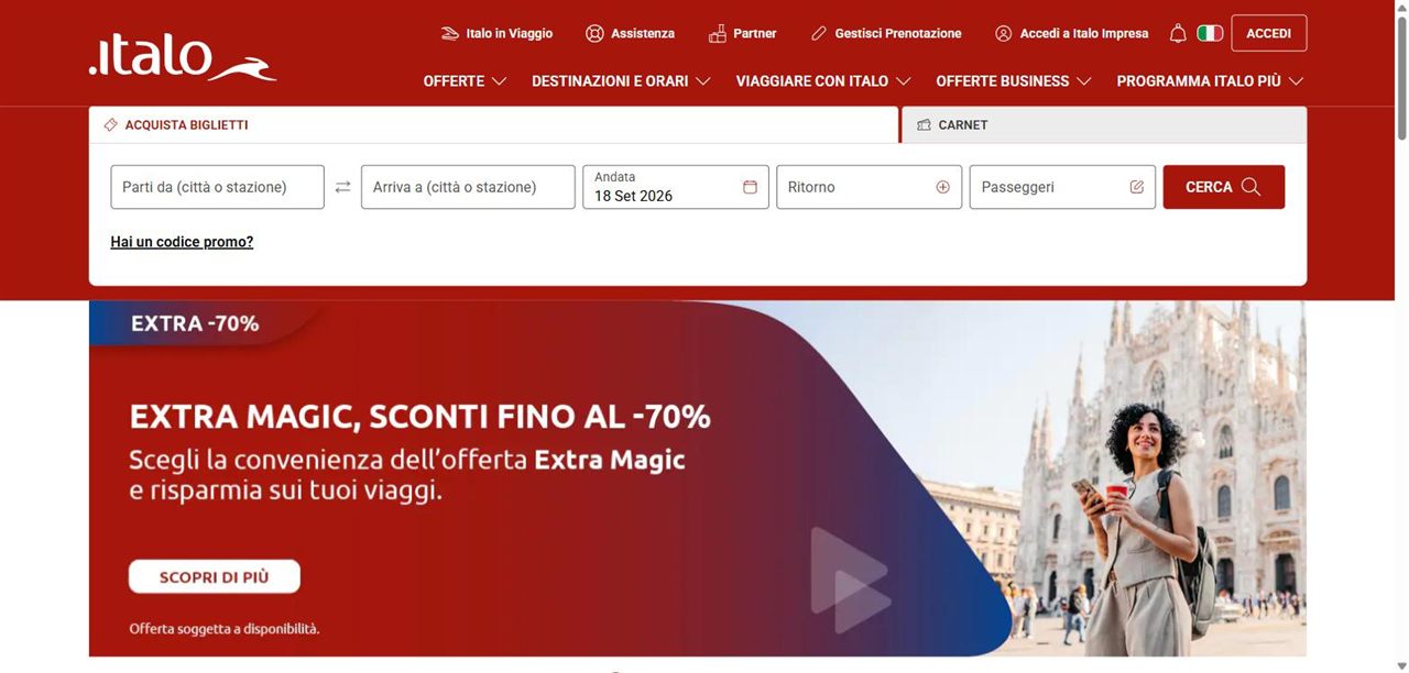 La home di Italo Treno con la ricerca del biglietto per tratta e data