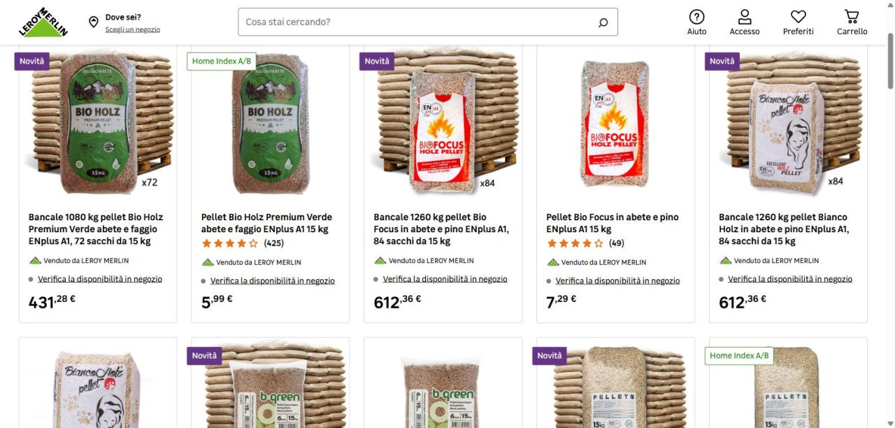 La categoria pellet di Leroy Merlin con i sacchi da 15 kg e i bancali ENplus A1 in vendita