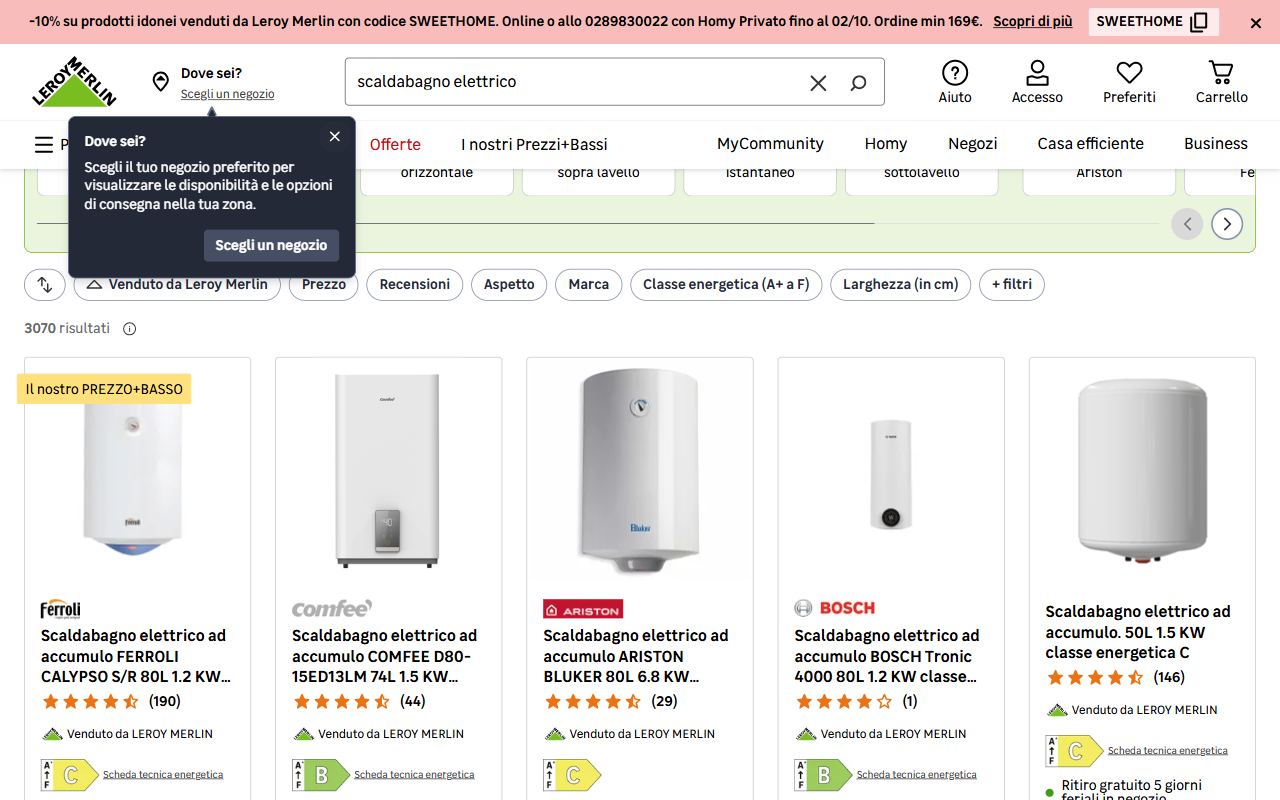 Gli scaldabagni elettrici ad accumulo su Leroy Merlin con la classe energetica di ogni modello