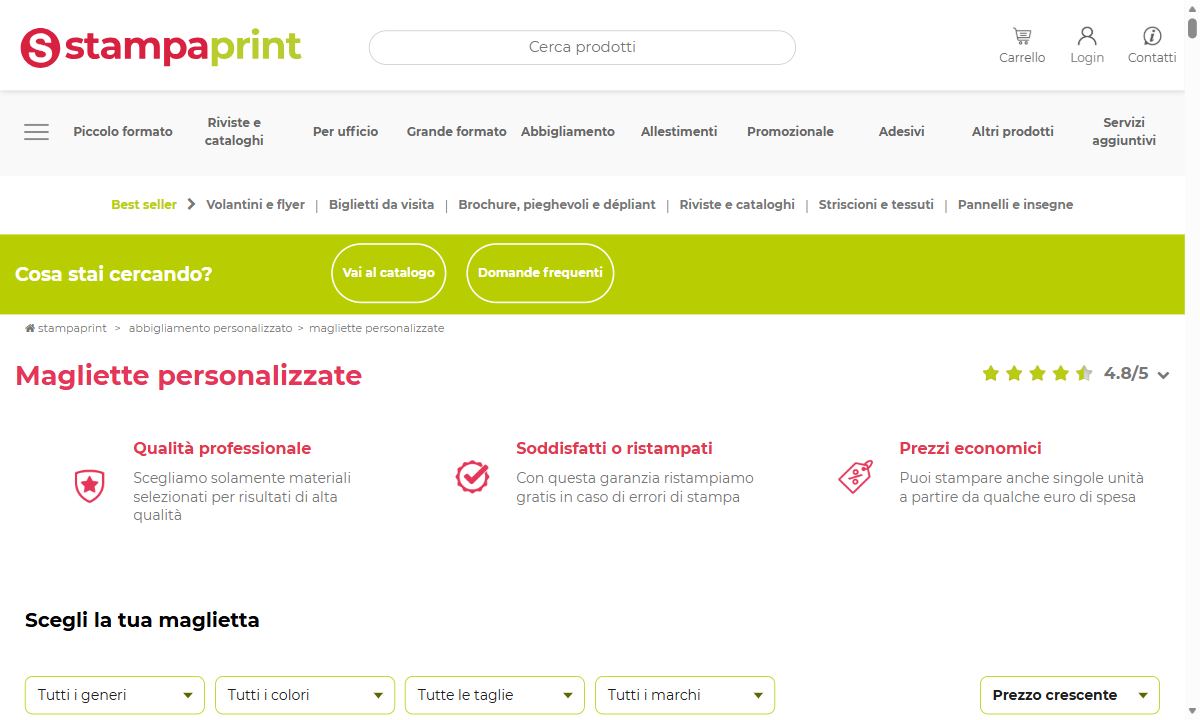 La pagina delle magliette personalizzate di Stampaprint, con il filtro per genere, colore, taglia e marca