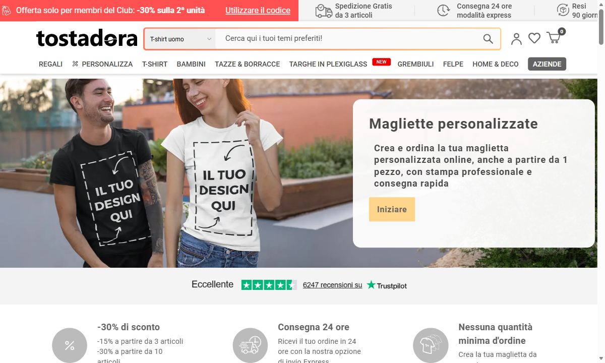 La pagina delle magliette personalizzate di Tostadora, con gli sconti a scaglioni e la consegna in 24 ore