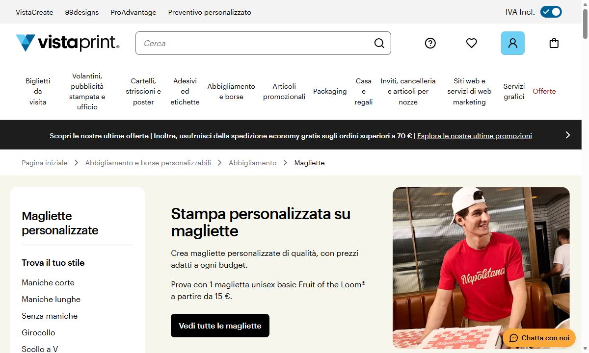 La pagina delle magliette personalizzate di Vistaprint, con il prezzo di 15 euro per una maglietta unisex