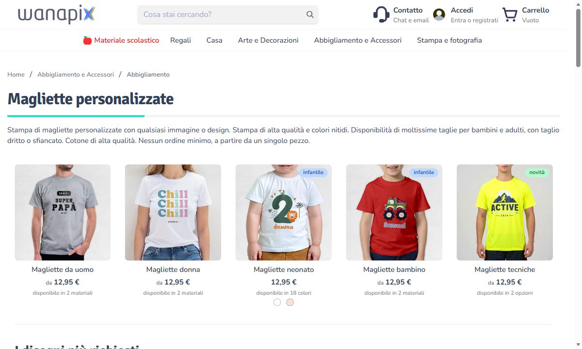 La pagina delle magliette personalizzate di Wanapix, con le cinque categorie a 12,95 euro