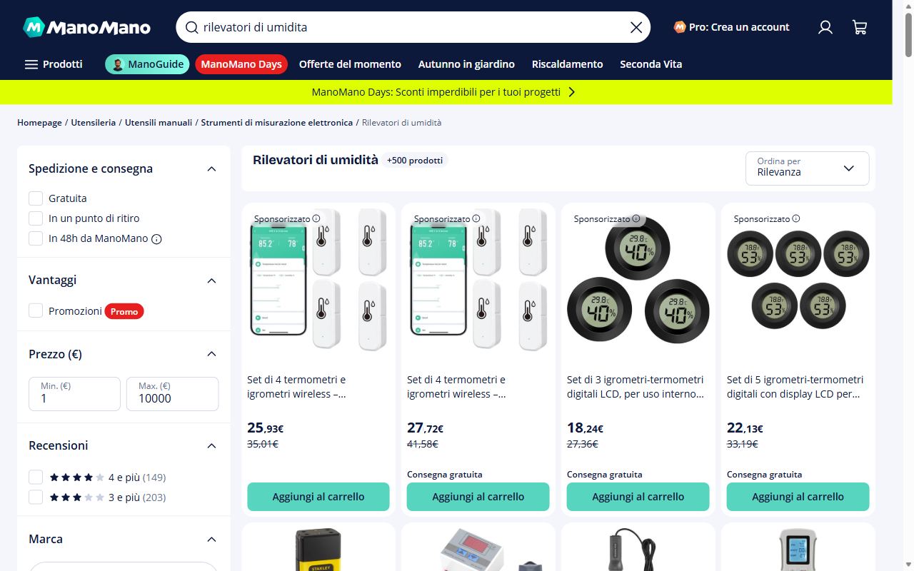La categoria rilevatori di umidità di ManoMano con igrometri e termoigrometri digitali