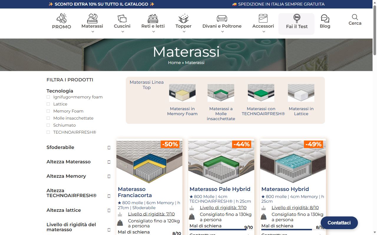 La pagina materassi di Materassi e Doghe con i filtri per tecnologia, rigidità e portanza