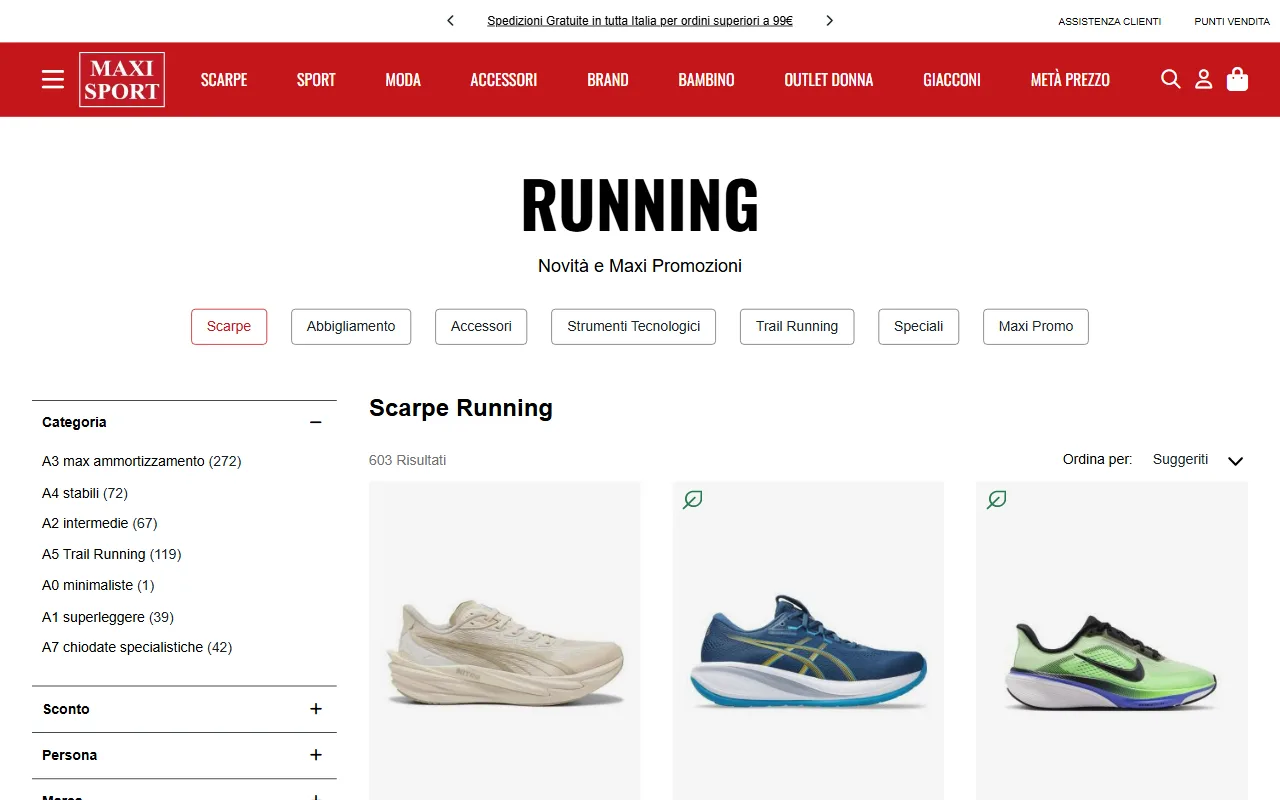 Il reparto scarpe da running di Maxi Sport, con il filtro per categoria A0-A7