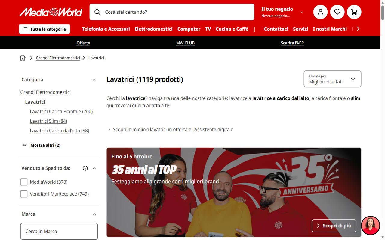 La categoria lavatrici di MediaWorld con 1.119 prodotti
