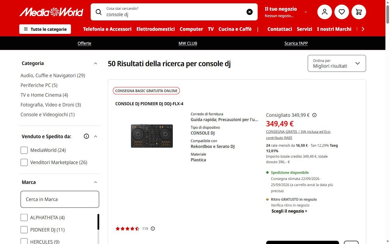 I risultati per console DJ su MediaWorld con i filtri per marca AlphaTheta, Pioneer DJ e Hercules